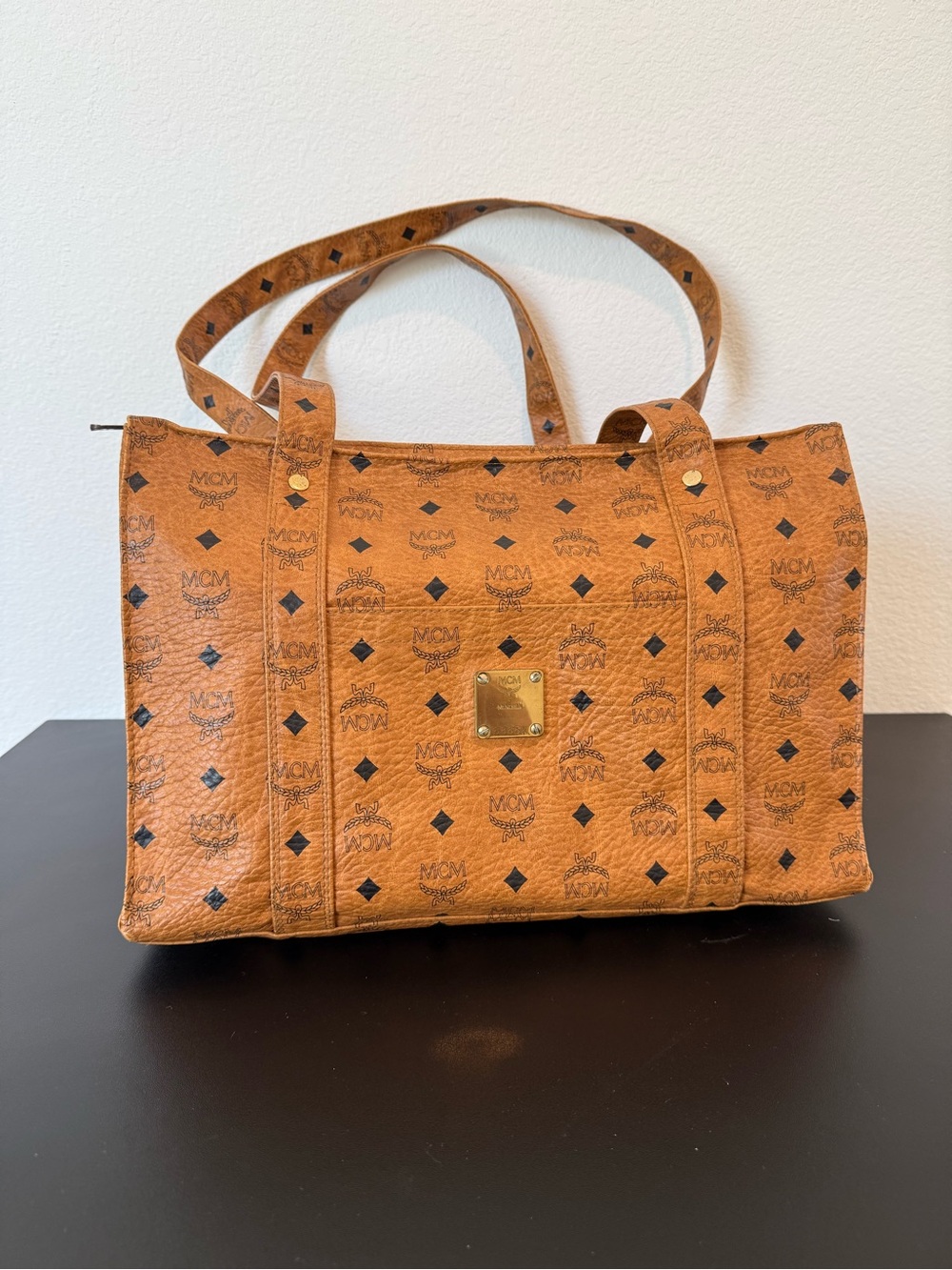 MCM Cognac Visetos Monogram Large Shopper Tote with Gold Plaque
